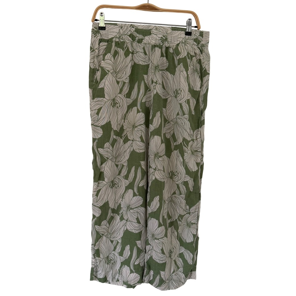 Tahari Womens Green White Floral 100% Linen Wide Leg Elastic Waist Pants Large